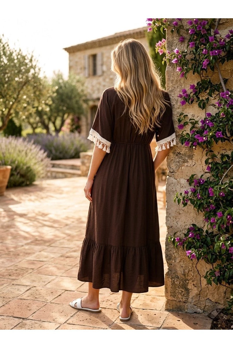 Robe Longue Fluide Détails Bohèmes - Brun