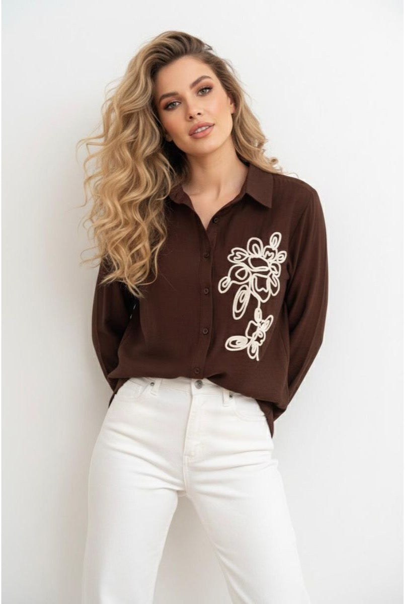 Chemise Fluide Broderie Artistique Élégante - Brun