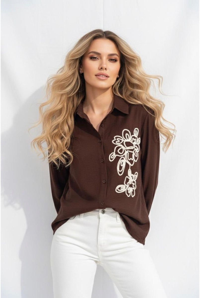 Chemise Fluide Broderie Artistique Élégante - Brun
