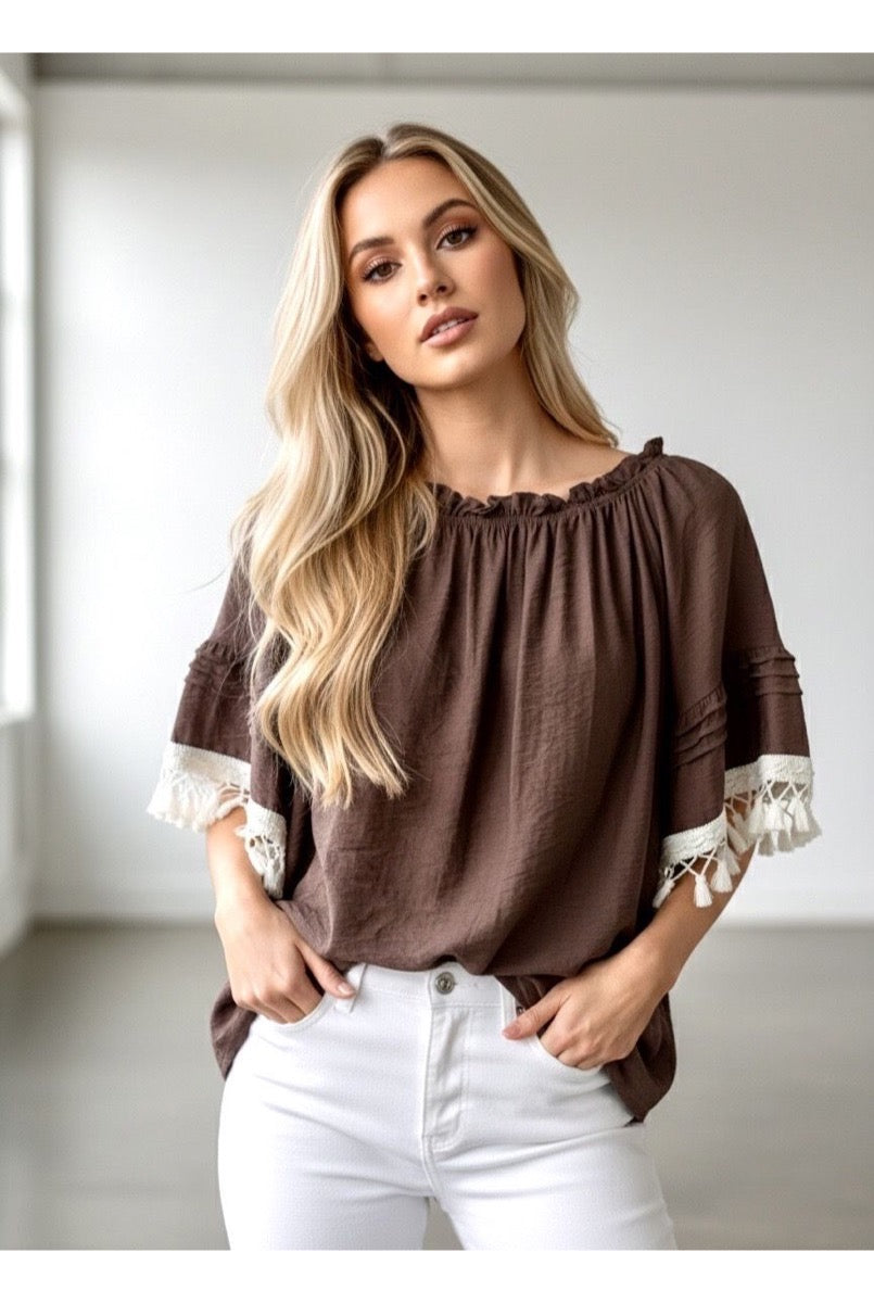 Blouse Fluide Épaules Dénudées Bohème - Brun
