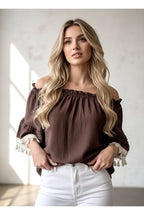 Blouse Fluide Épaules Dénudées Bohème - Brun