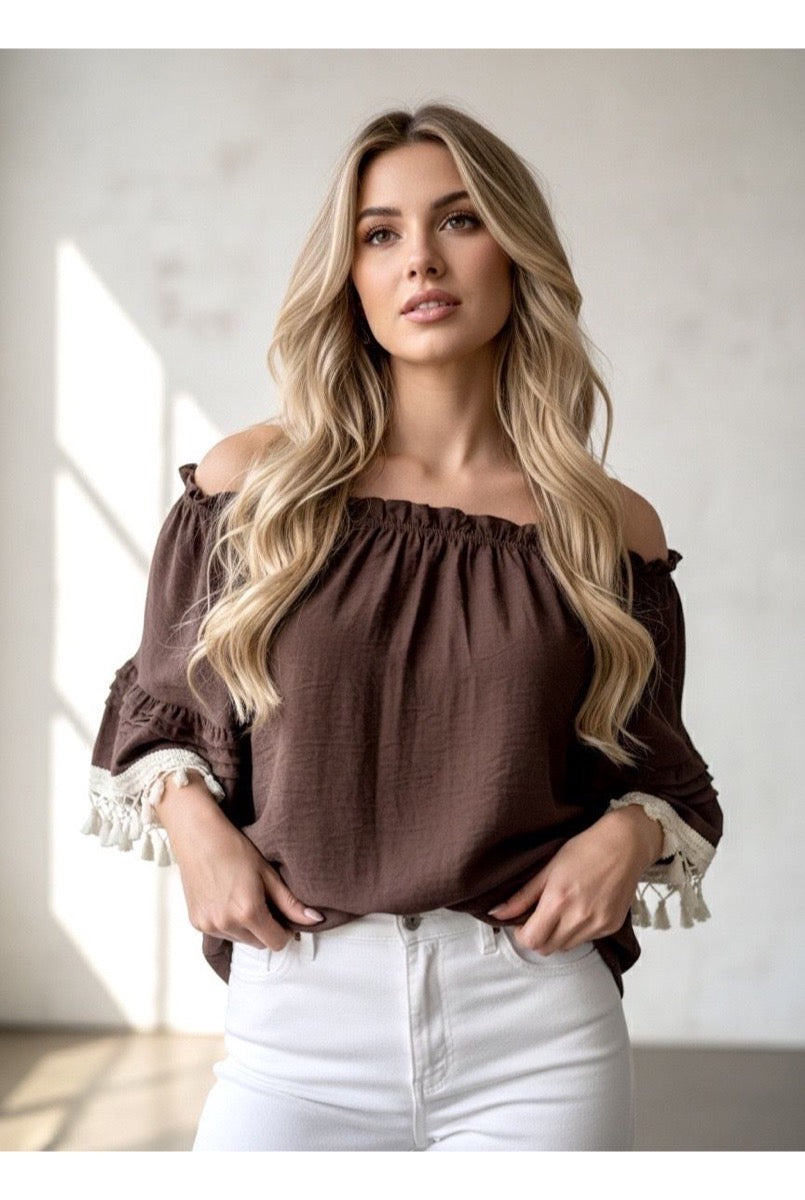 Blouse Fluide Épaules Dénudées Bohème - Brun