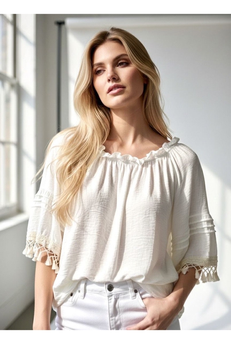 Blouse Fluide Épaules Dénudées Bohème - Écru