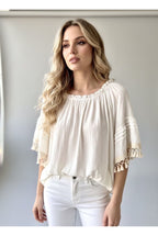 Blouse Fluide Épaules Dénudées Bohème - Écru