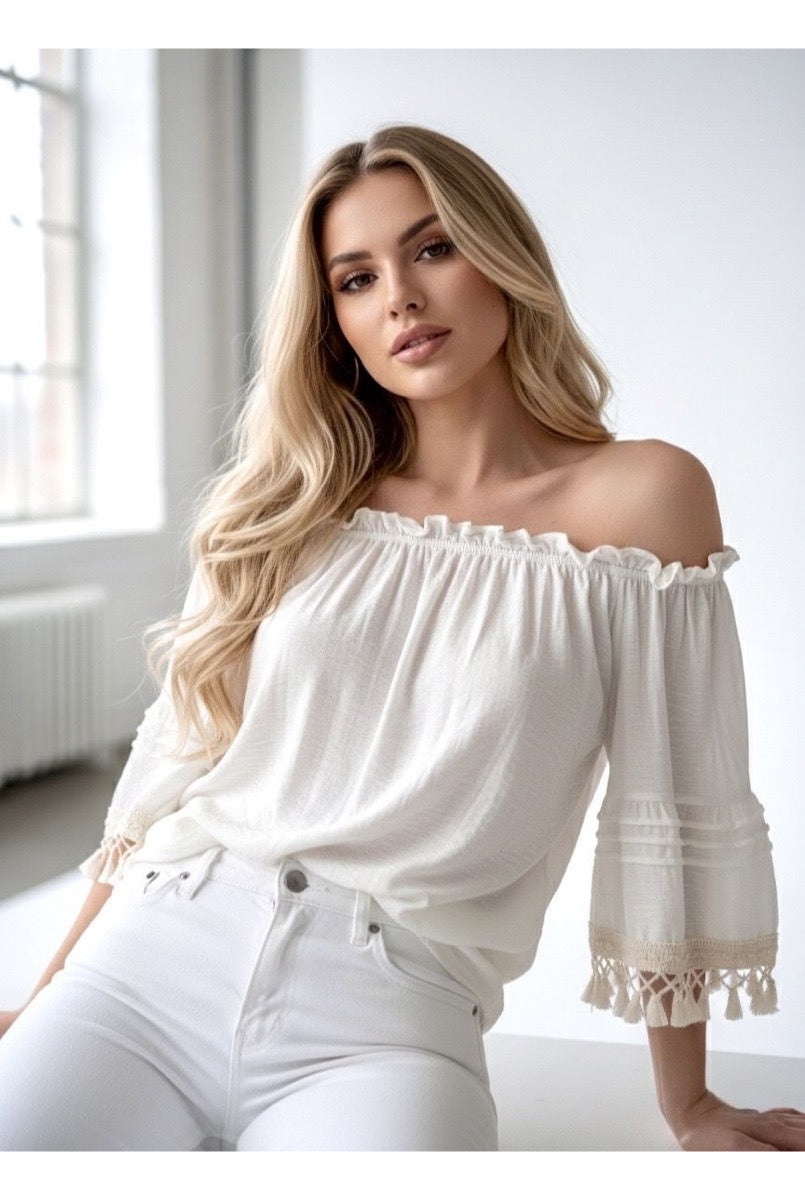 Blouse Fluide Épaules Dénudées Bohème - Écru