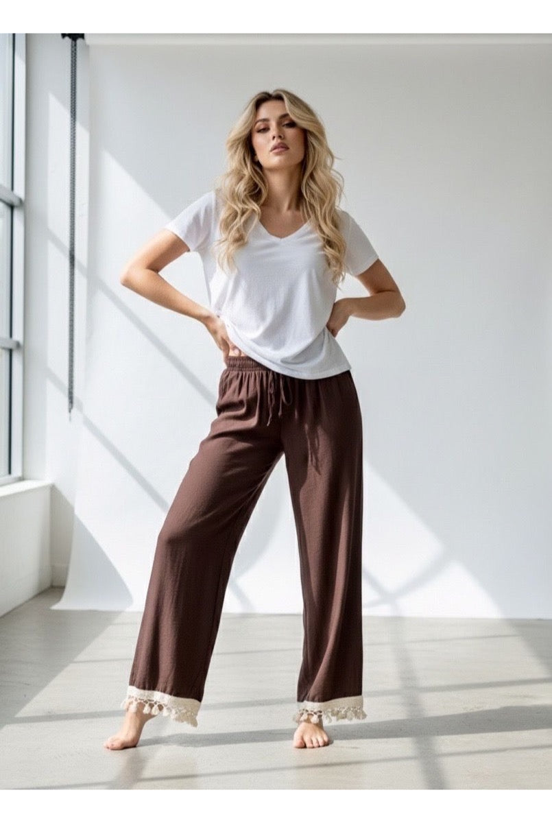 Pantalon Fluide Taille Élastique Bohème - Brun