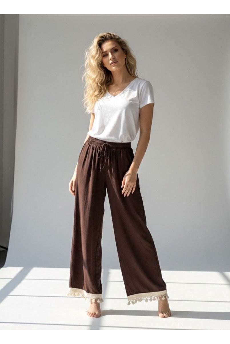Pantalon Fluide Taille Élastique Bohème - Brun