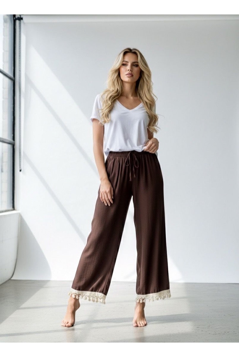 Pantalon Fluide Taille Élastique Bohème - Brun