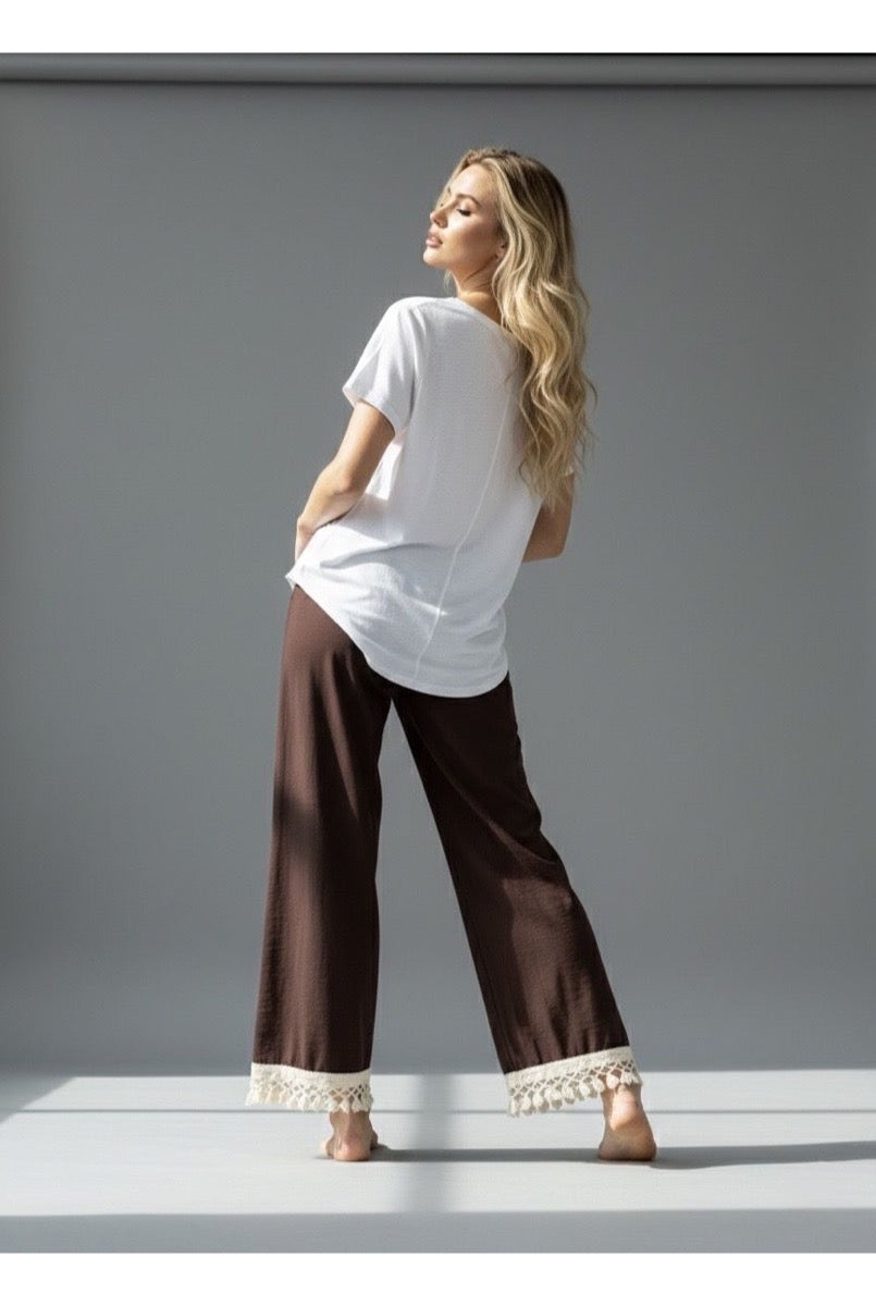 Pantalon Fluide Taille Élastique Bohème - Brun