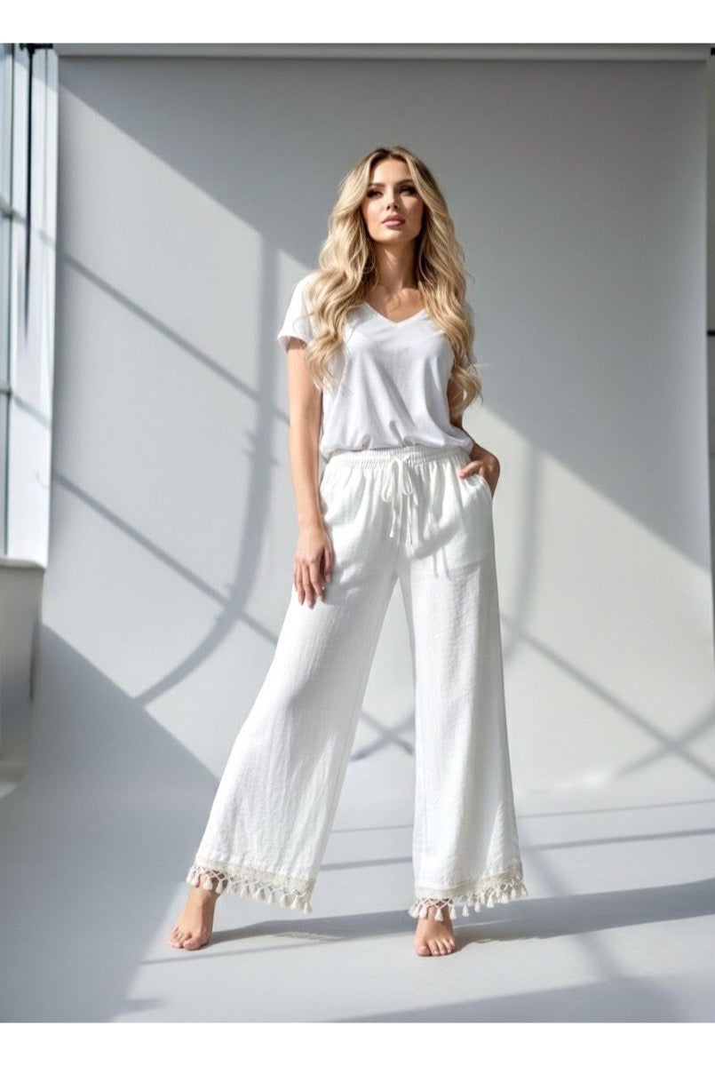 Pantalon Fluide Taille Élastique Bohème - Écru