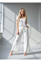 Pantalon Fluide Taille Élastique Bohème - Écru