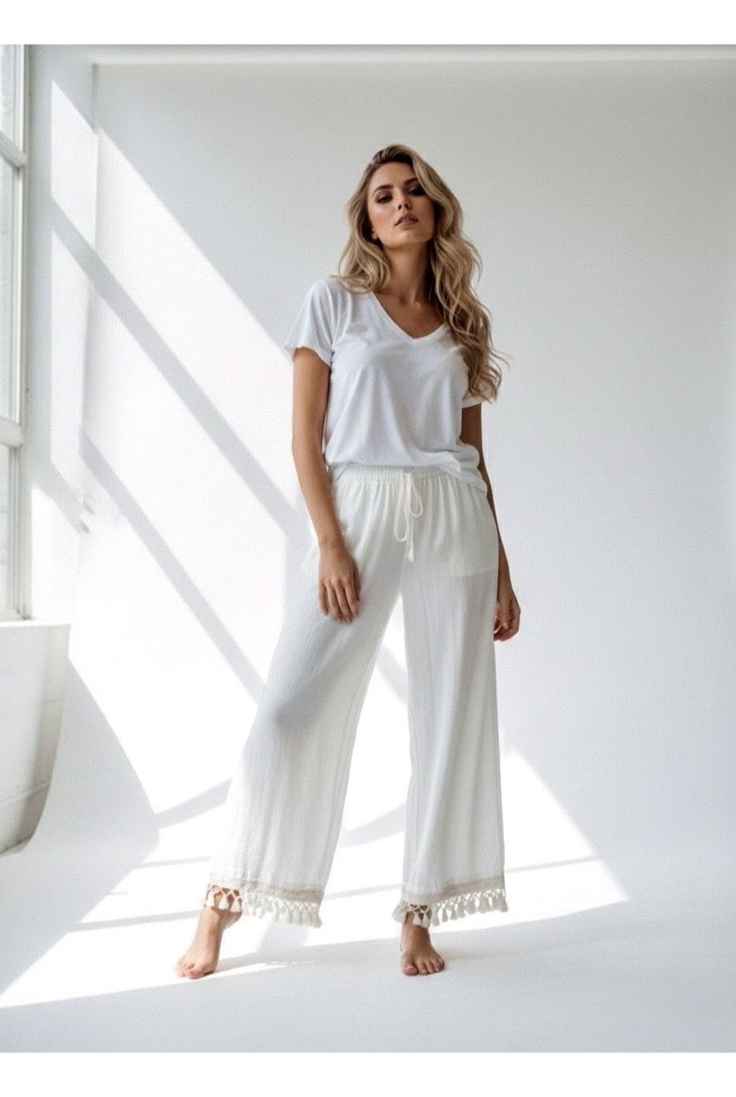 Pantalon Fluide Taille Élastique Bohème - Écru