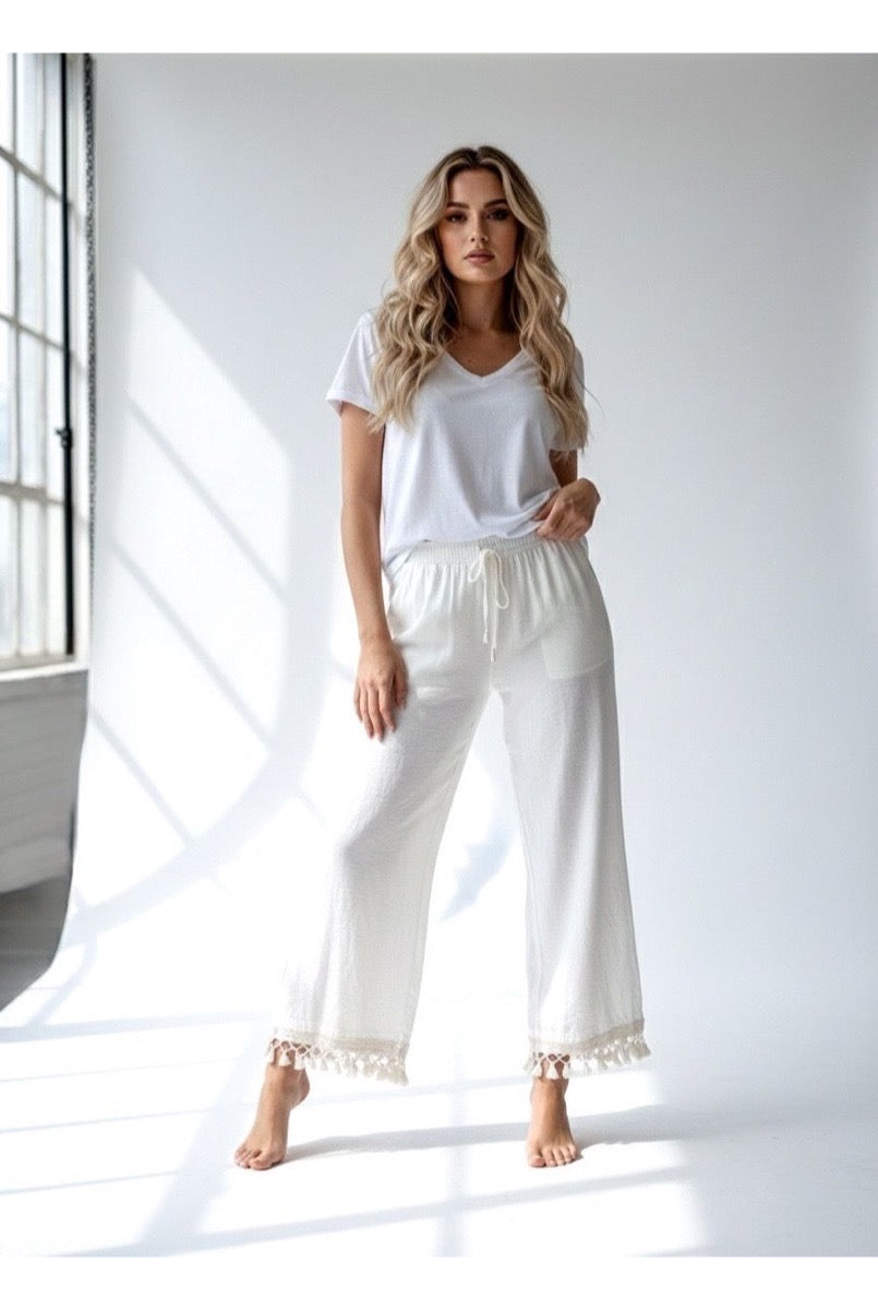 Pantalon Fluide Taille Élastique Bohème - Écru