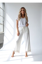 Pantalon Fluide Taille Élastique Bohème - Écru
