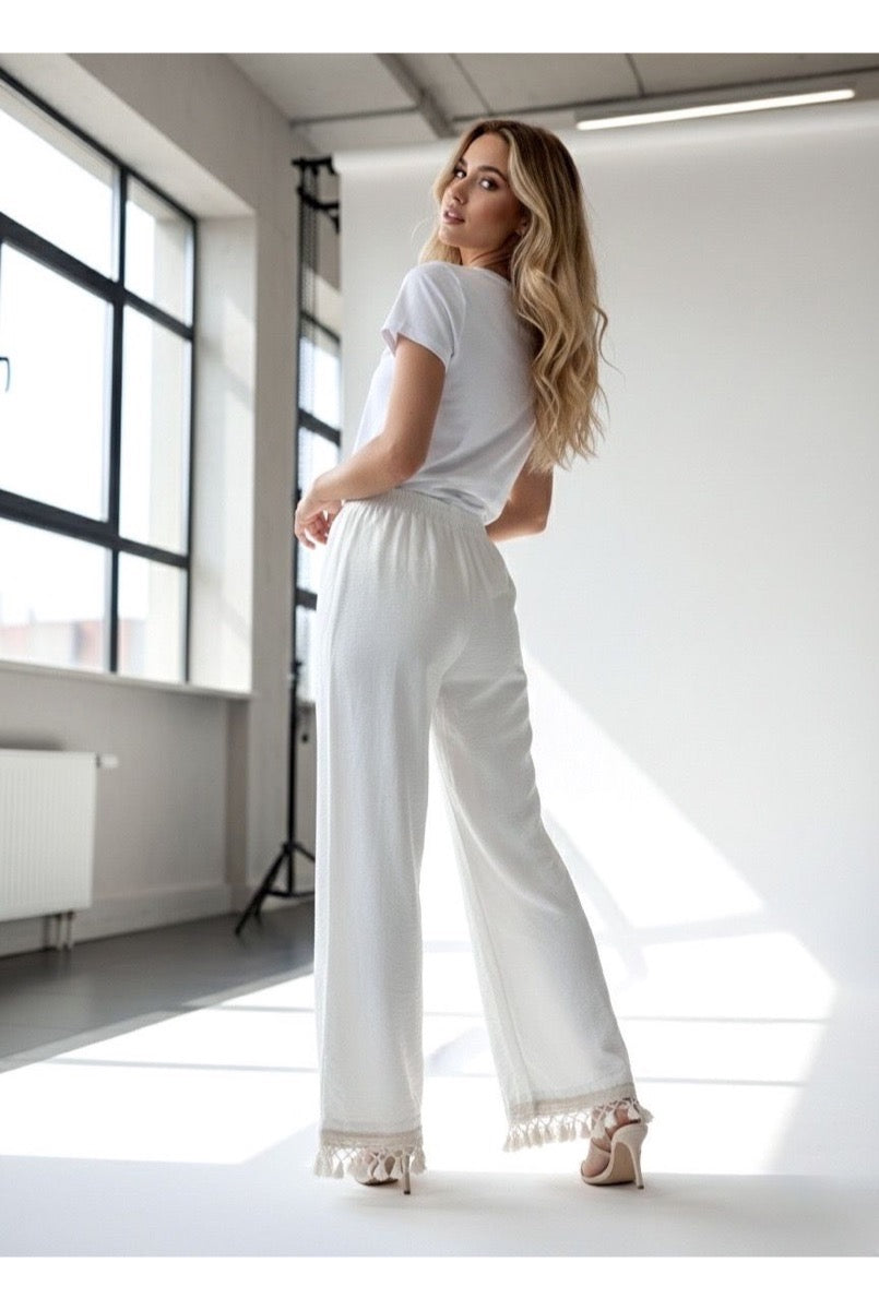 Pantalon Fluide Taille Élastique Bohème - Écru