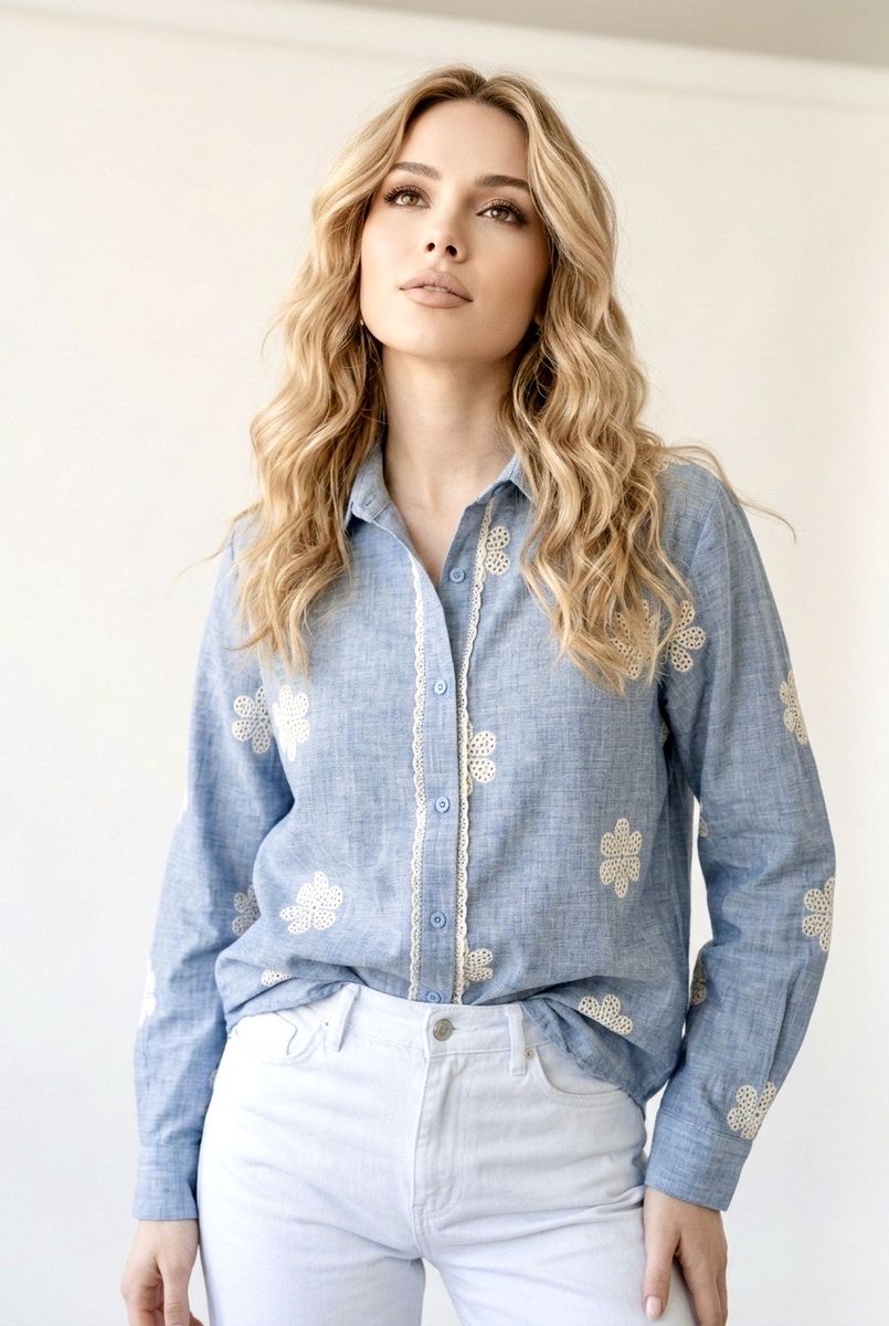 Chemise Broderies Florales Delicates - Bleu