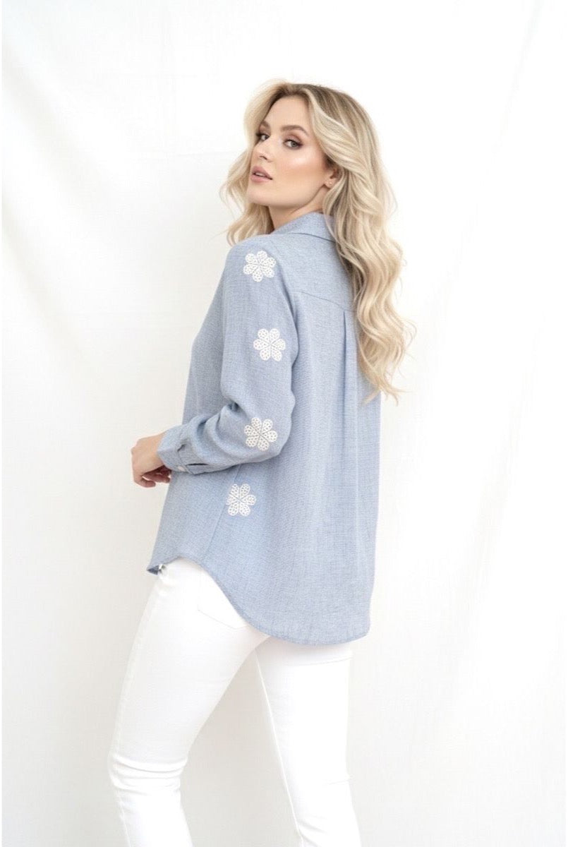 Chemise Broderies Florales Delicates - Bleu