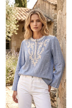 Blouse Broderie Ethnique Rafinee - Bleu