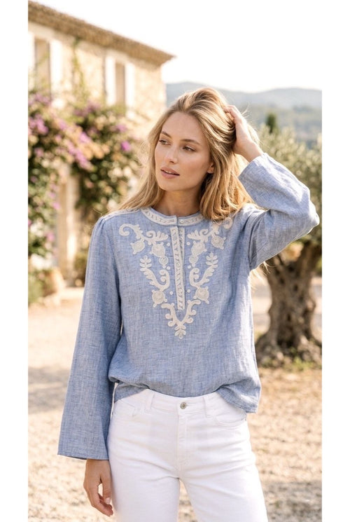 Blouse Broderie Ethnique Rafinee - Bleu