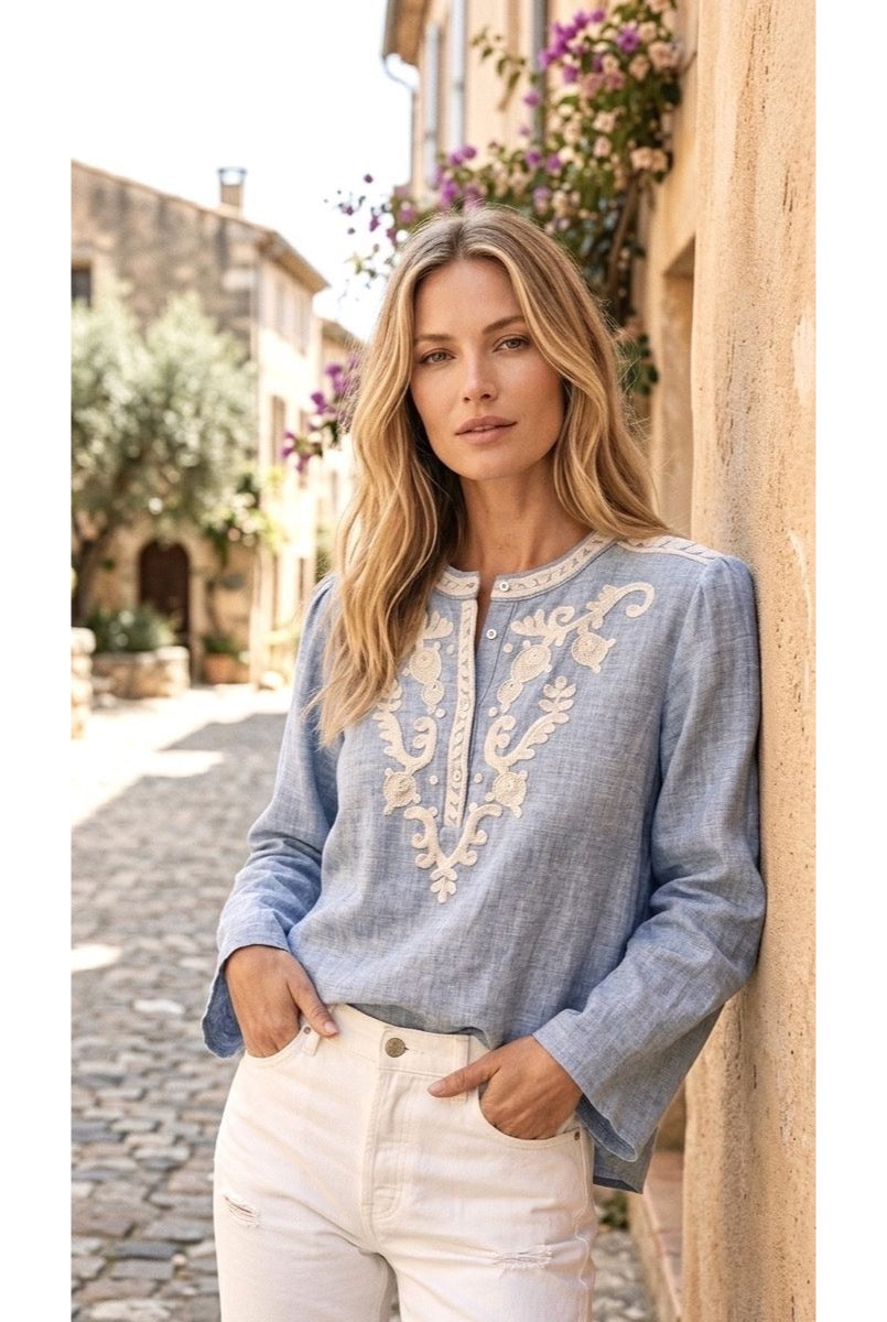 Blouse Broderie Ethnique Rafinee - Bleu