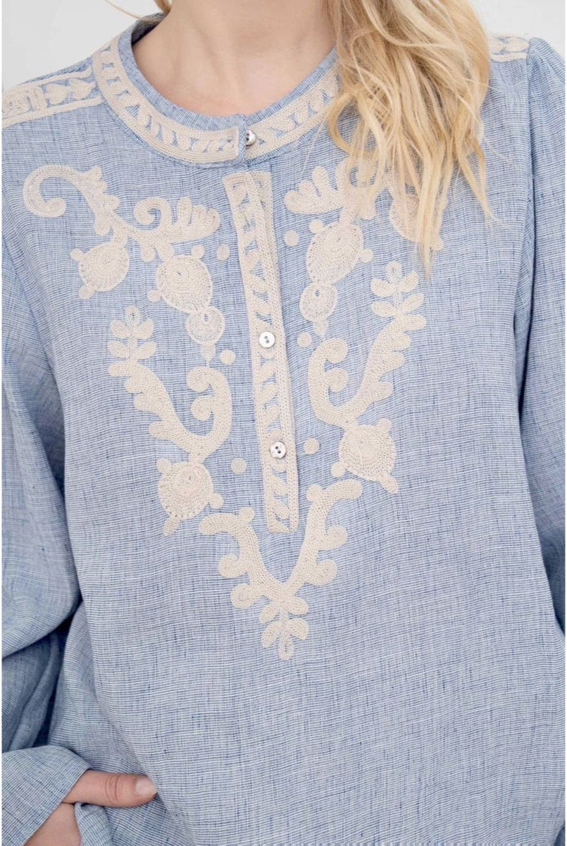 Blouse Broderie Ethnique Rafinee - Bleu