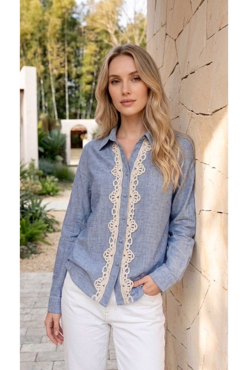 Chemise fluide détails dentelle élégants - Bleu