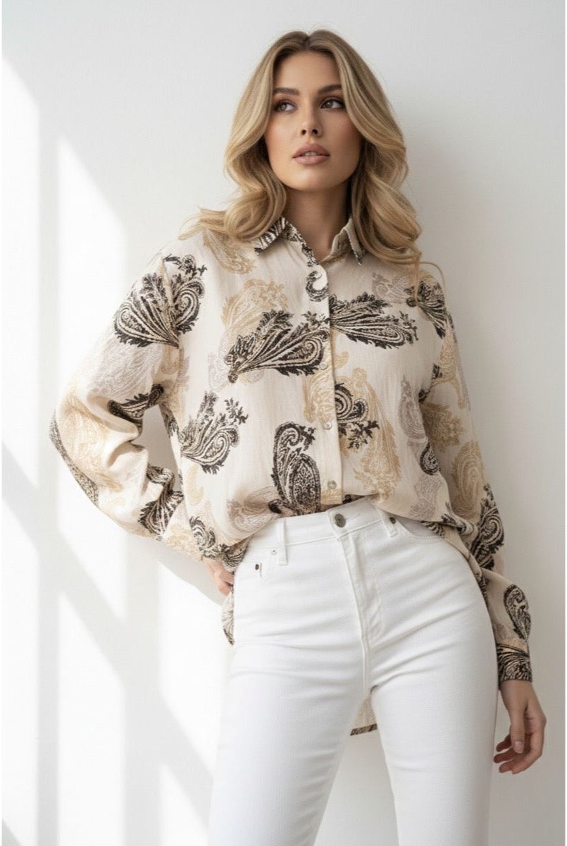 Chemise Fluide Imprimé Cachemire Élégant - Beige