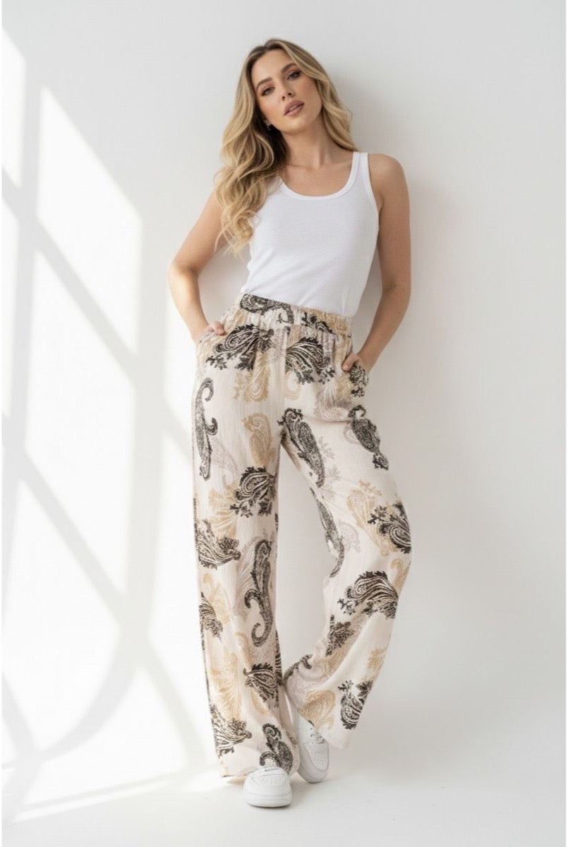 Pantalon Fluide Imprimé Paisley Élégant - Beige