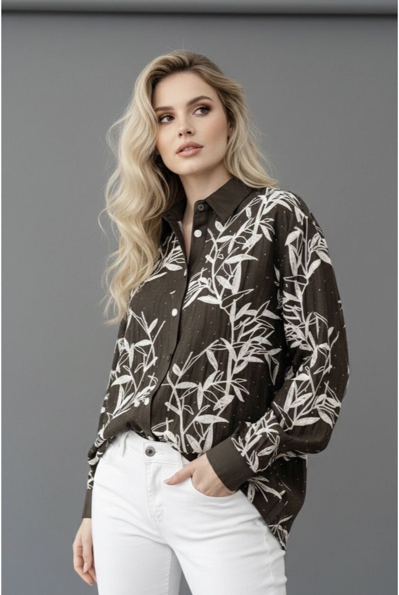 Chemise Fluide Imprimé Feuillage Moderne - Brun