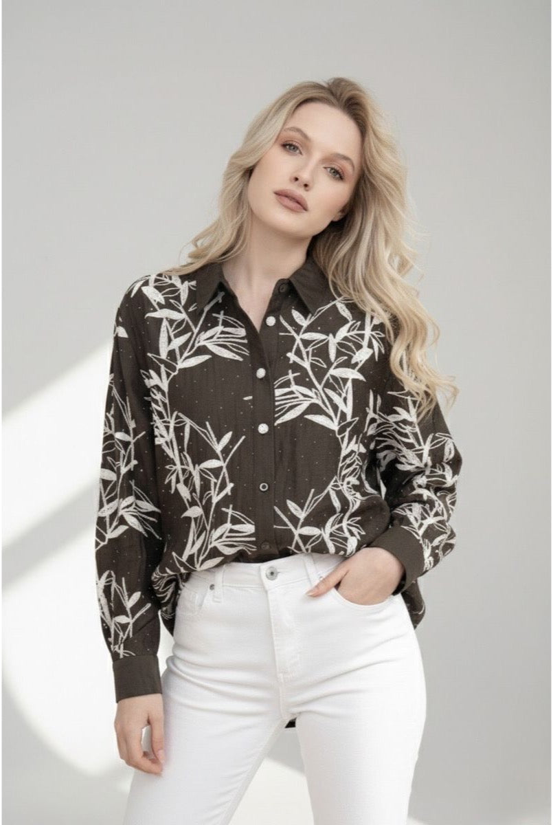 Chemise Fluide Imprimé Feuillage Moderne - Brun
