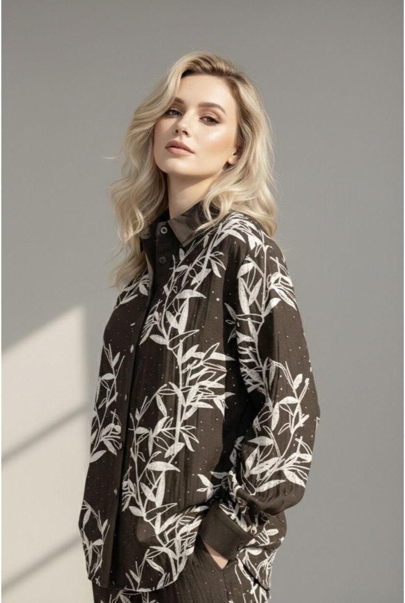 Chemise Fluide Imprimé Feuillage Moderne - Brun