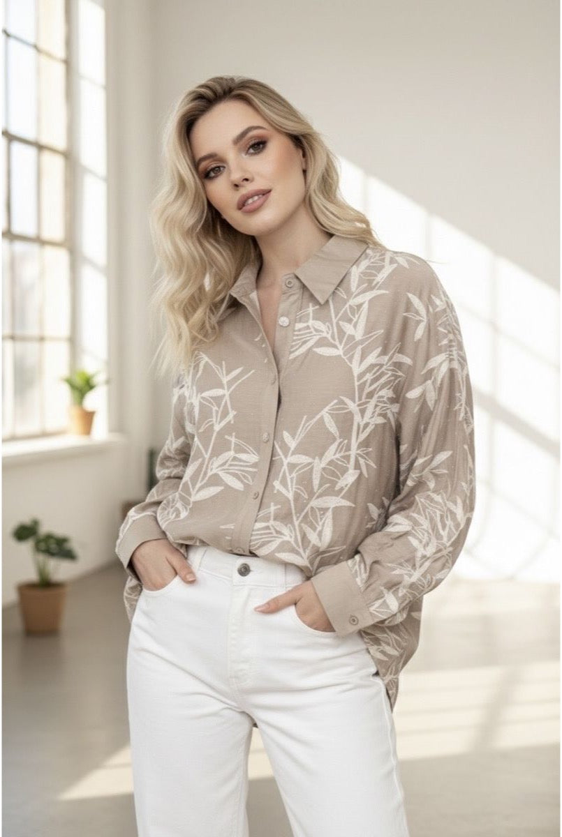 Chemise Fluide Imprimé Feuillage Moderne - Taupe