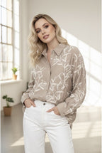 Chemise Fluide Imprimé Feuillage Moderne - Taupe