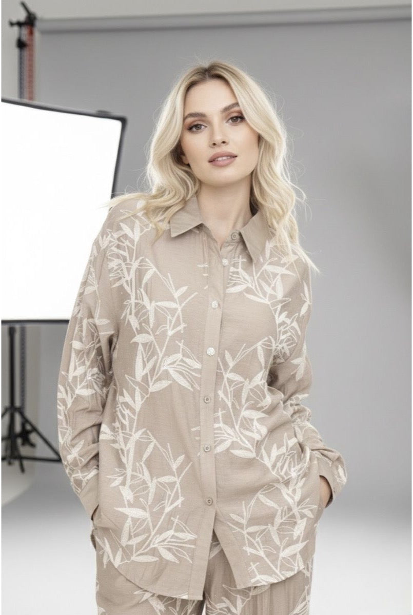 Chemise Fluide Imprimé Feuillage Moderne - Taupe