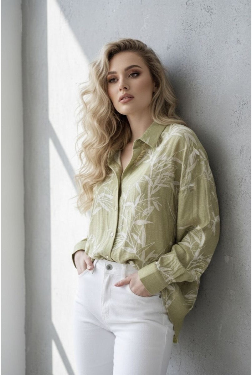 Chemise Fluide Imprimé Feuillage Moderne - Vert