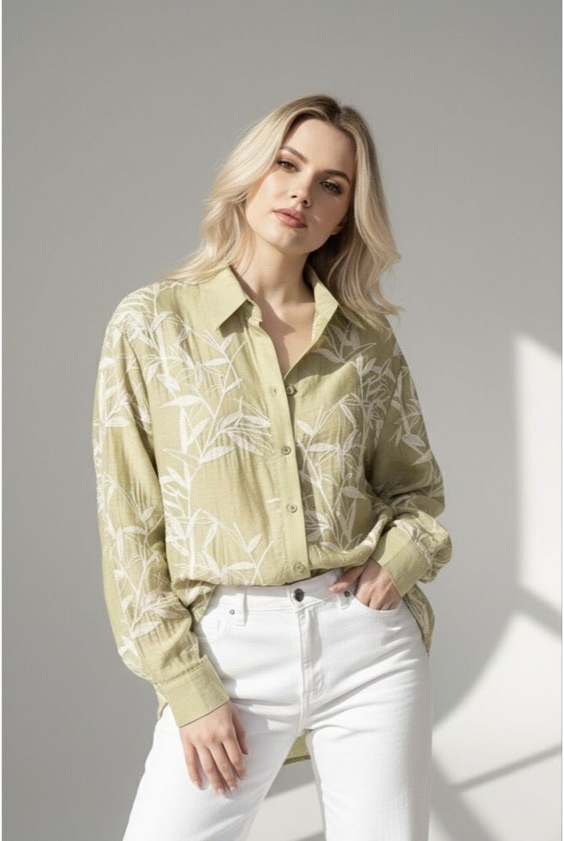 Chemise Fluide Imprimé Feuillage Moderne - Vert