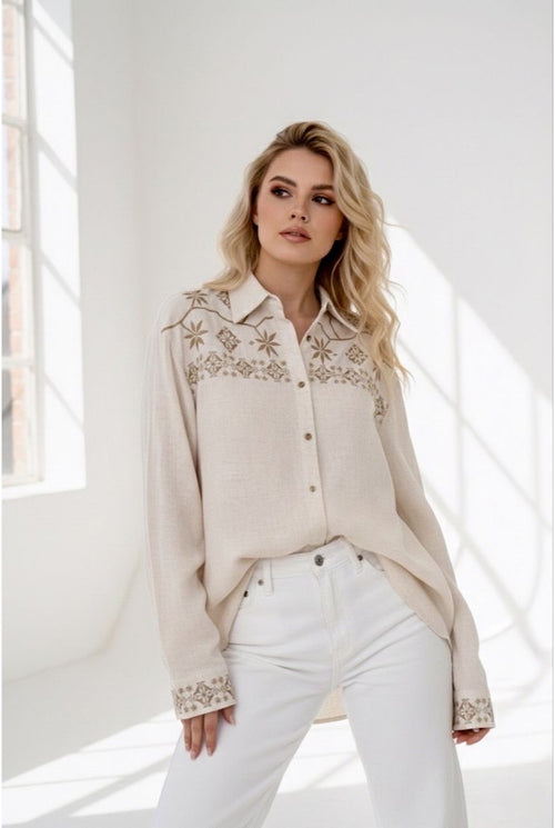 Chemise Brodée Motifs géométriques Élégants - Beige