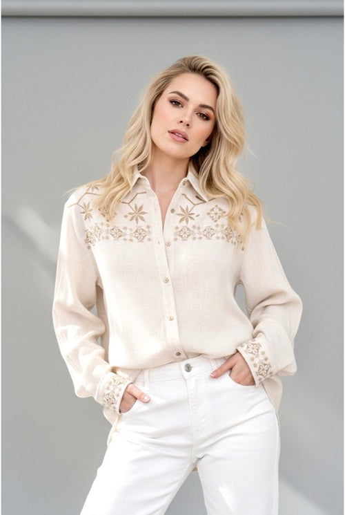 Chemise Brodée Motifs géométriques Élégants - Beige