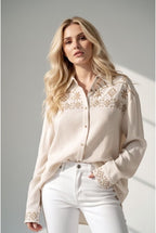 Chemise Brodée Motifs géométriques Élégants - Beige
