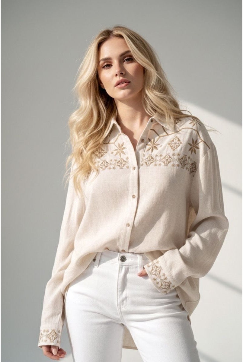 Chemise Brodée Motifs géométriques Élégants - Beige