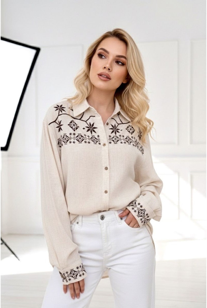 Chemise Brodée Motifs géométriques Élégants - Brun
