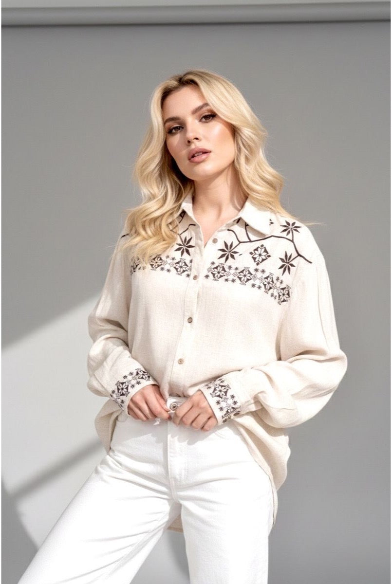 Chemise Brodée Motifs géométriques Élégants - Brun