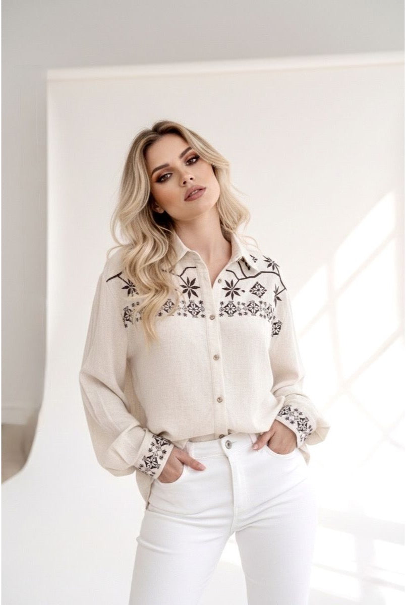 Chemise Brodée Motifs géométriques Élégants - Brun
