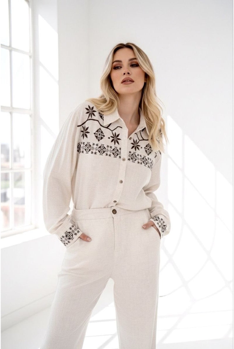 Chemise Brodée Motifs géométriques Élégants - Brun