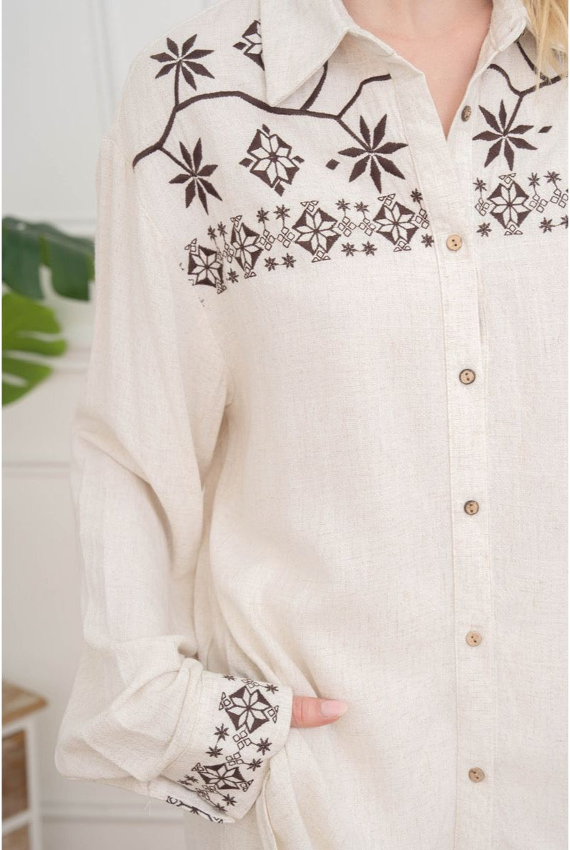 Chemise Brodée Motifs géométriques Élégants - Brun