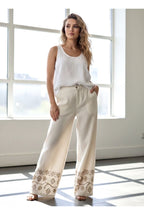 Pantalon Large Broderies géométriques Raffinées - Beige
