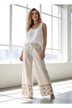 Pantalon Large Broderies géométriques Raffinées - Beige