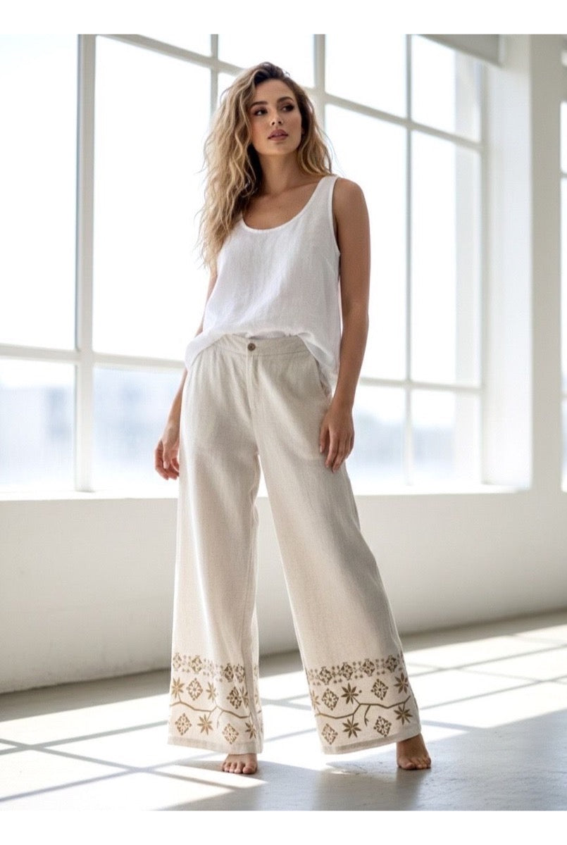 Pantalon Large Broderies géométriques Raffinées - Beige