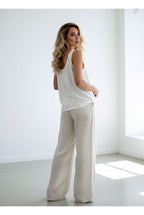 Pantalon Large Broderies géométriques Raffinées - Beige