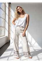 Pantalon Large Broderies géométriques Raffinées - Brun